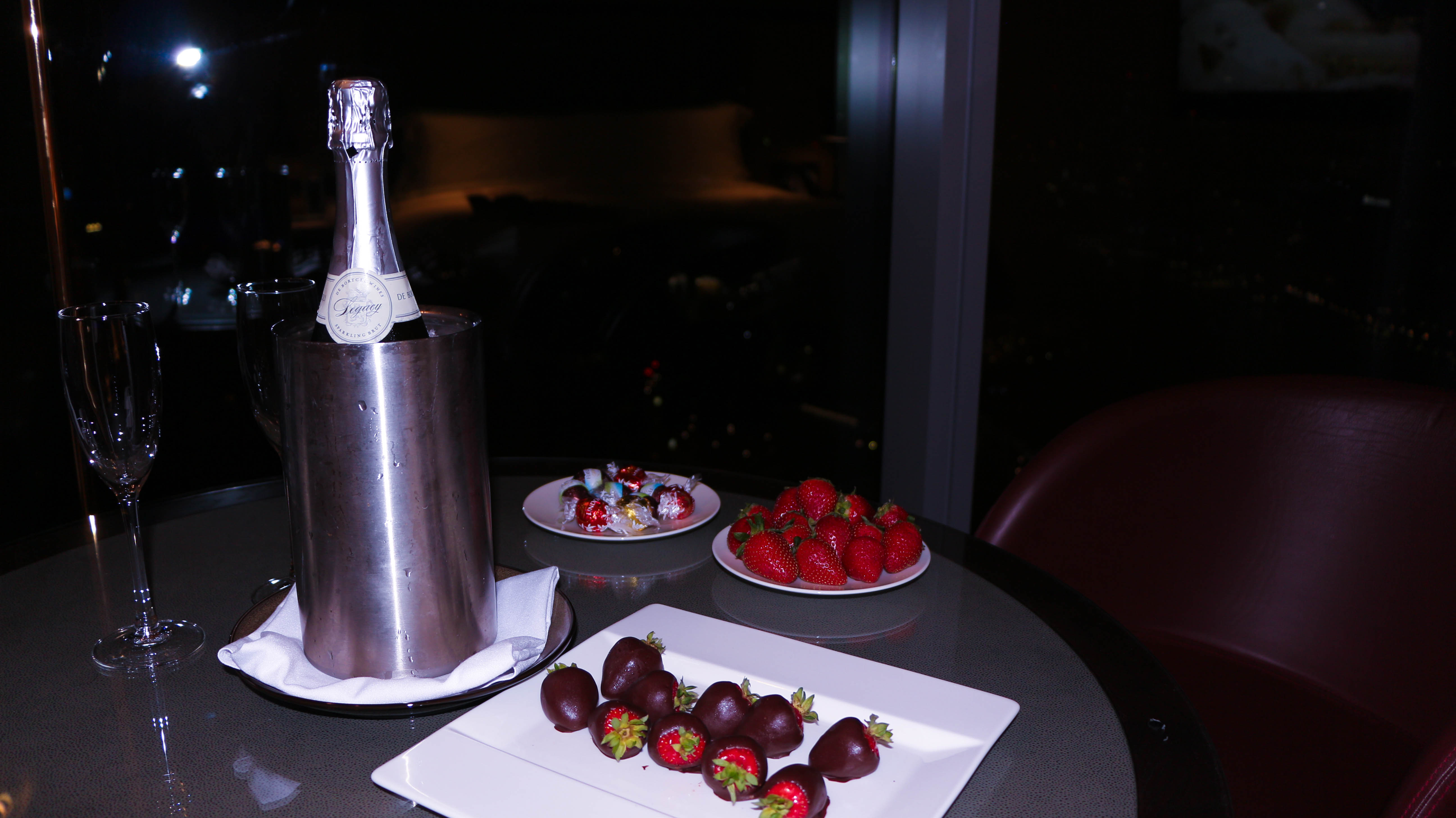 Complimentary champage and chocolates
