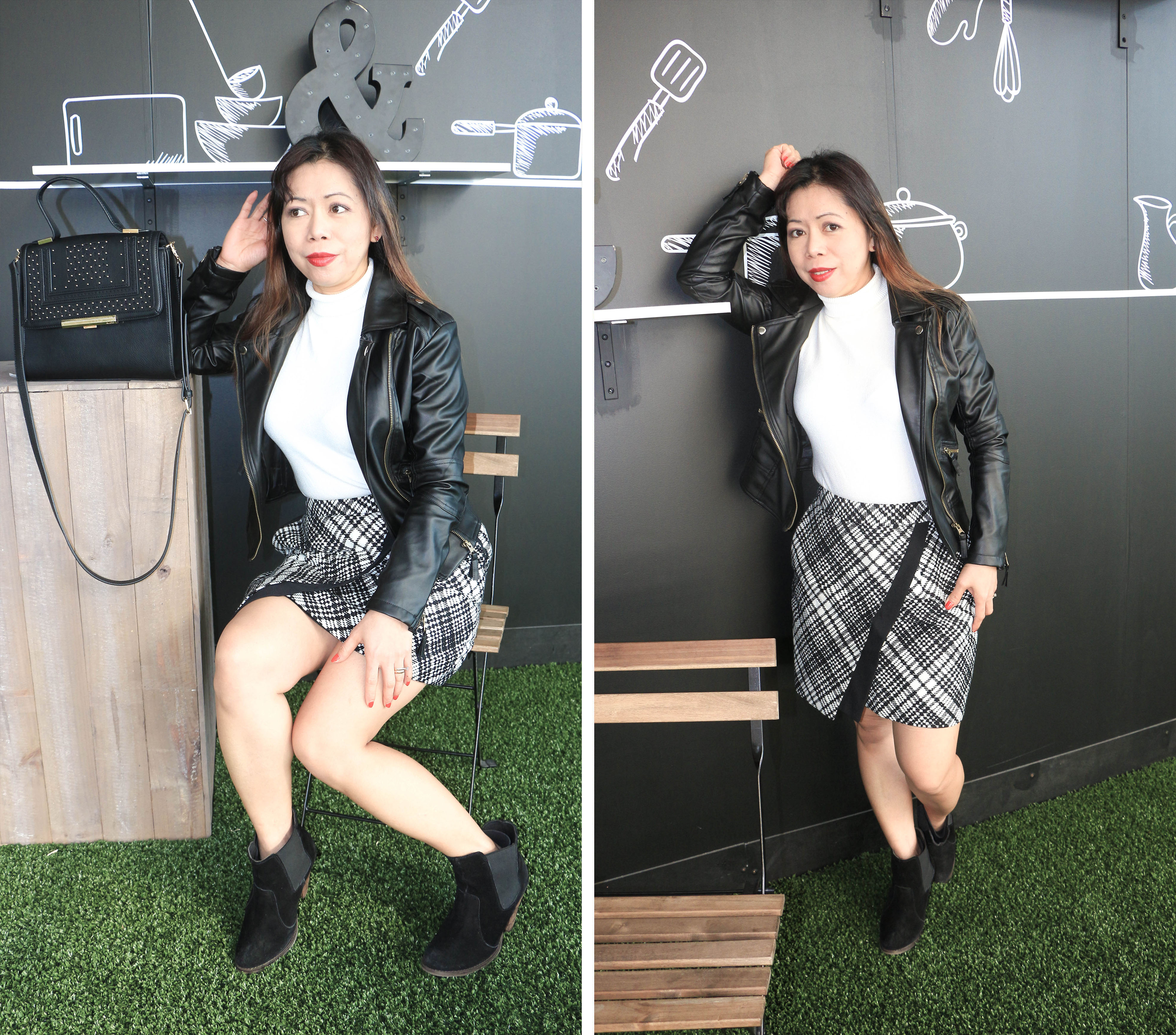 Leather jacket and mini skirt